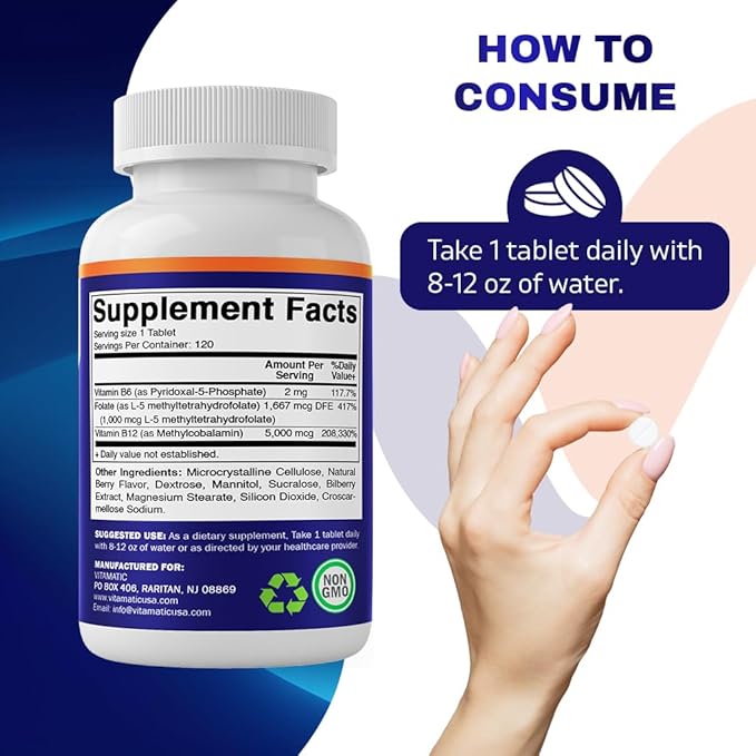 Vitamatic Methyl Folate & B12 Supplement with Pyridoxal 5 Phosphate (P-5-P) - Promotes Cardiovascular Health & Energy Metabolism - 120 Fast Dissolve Tablets - Non GMO & Gluten Free
