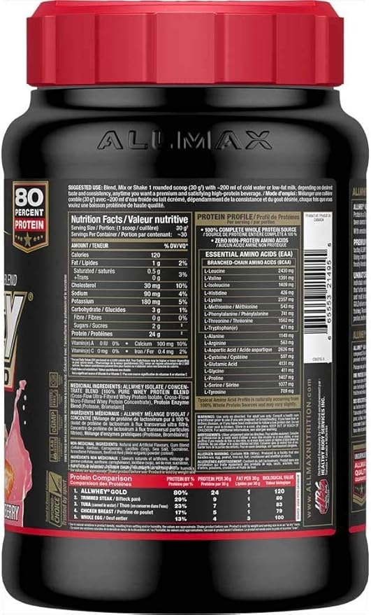 ALLMAX Nutrition Gold ALLWHEY, Strawberry - 2 lb - 24 Grams of Protein Per Scoop - Gluten Free, Low Carb & Low Sugar - Approx. 30 Servings