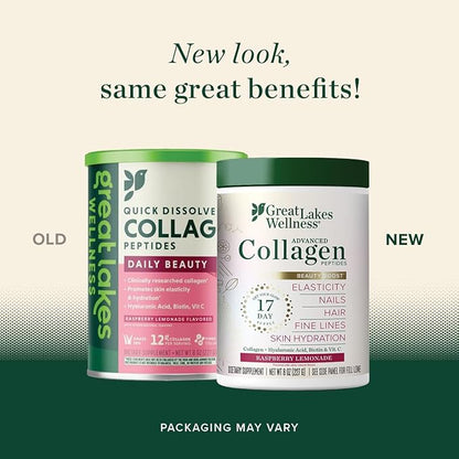 Great Lakes Wellness Beauty Boost Advanced Collagen Peptides - Hyaluronic Acid, Biotin, Vitamin C - Skin Elasticity & Hydration - Raspberry Lemonade - Non-GMO, Kosher, Keto - 8 oz - Packaging May Vary