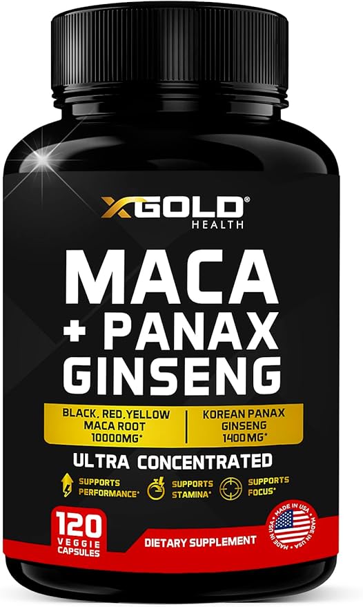 Maca Root Capsules 10,000mg + Korean Panax Ginseng 1,400mg - 20x Concentrated Extract Black + Red + Yellow Maca Root, 10x Concentrated Extract Panax Ginseng Capsules - Ultra Potent & Highly Purified