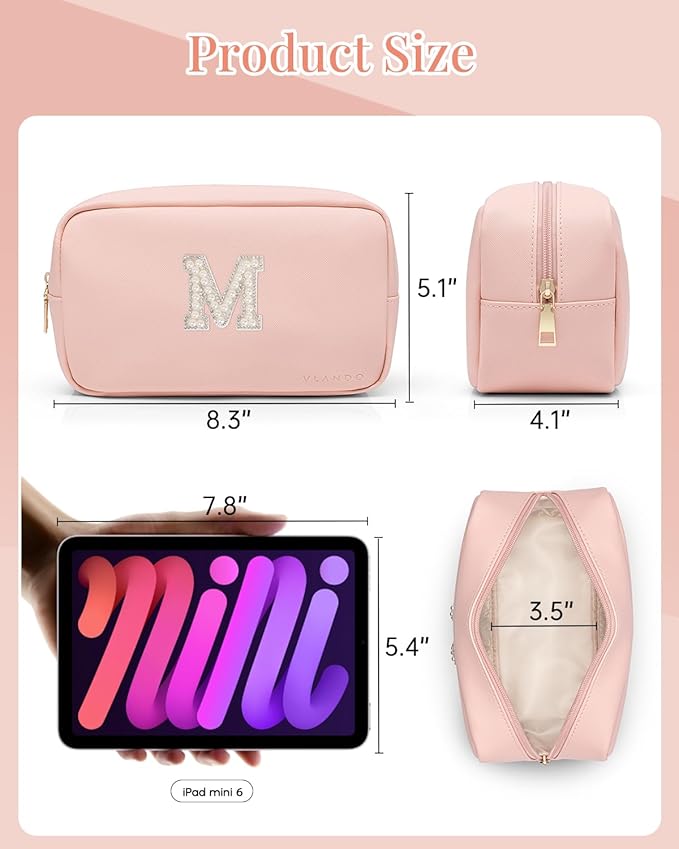 Vlando Travel Gifts for Women Cute Initial Makeup Bag Graduation Gifts for Teen Personalized Birthday Gifts Idea for Women Teacher Bridesmaid Best Friend Mom,Letter M
