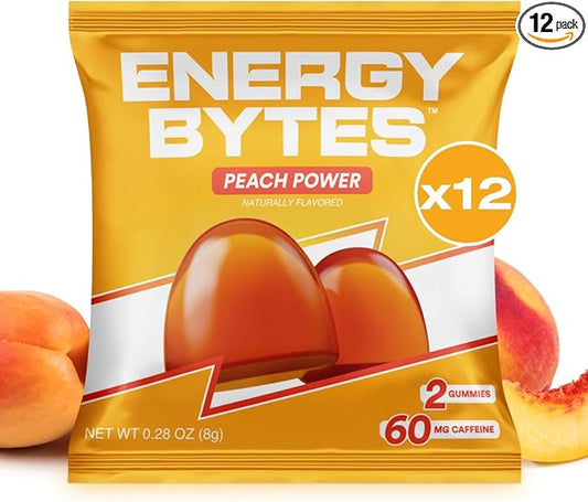 Energy Bytes Caffeine Gummies | Instant Energy Chews for Running, Cycling and Sports Performance | Vegan, Low Sugar | Peach Power (12-Pack)