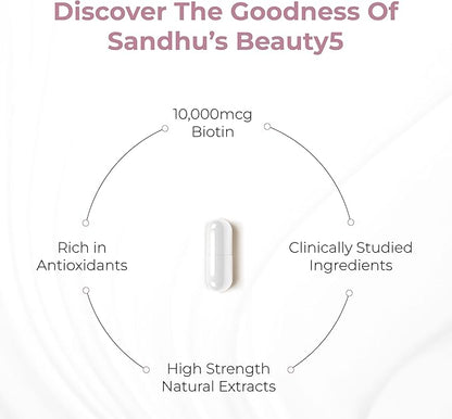 Sandhu's Beauty5 Capsules|60 Vegetarian Capsules| 30 Servings|Skincare Supplement| Supplement for Hair, Skin & Nail- Supports Collagen Synthesis| Keto & Vegan Friendly