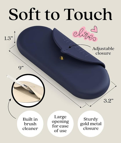Embla Makeup Brush Holder Travel Cosmetic Case Pouch, Soft Silicone Cosmetic Bag Make Up Brushes Holder with Secure Snap Closure, Travel Makeup Brush Case, Sapphire