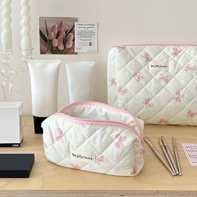 Quilted Makeup Bag Set 3 Pcs Cotton Cute Makeup Bags For Women Large Aesthetic Floral Cosmetic Bag Coquette Flower Makeup Pouch