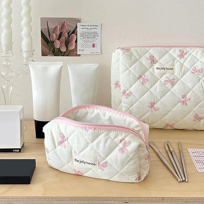 Quilted Makeup Bag Set 3 Pcs Cotton Cute Makeup Bags For Women Large Aesthetic Floral Cosmetic Bag Coquette Flower Makeup Pouch