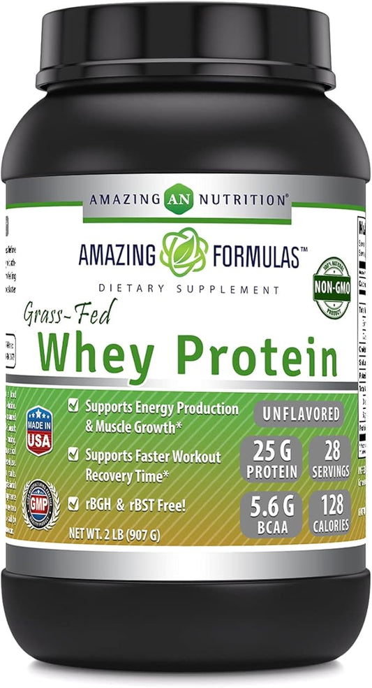 Amazing Formulas Grass FED Whey Protein (Non-GMO, Gluten Free) -Made with Natural Sweetener and Flavor - rBGH & RBST Free -Supports Energy Production & Muscle Growth (Unflavored, 2 Lb)