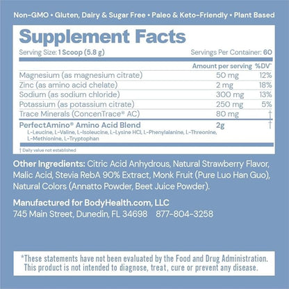 BodyHealth PerfectAmino Electrolytes Powder, Hydration Powder, Sugar Free Electrolyte Drink Mix, Keto Electrolytes Powder, Non GMO, Strawberry Flavor (60 Servings)