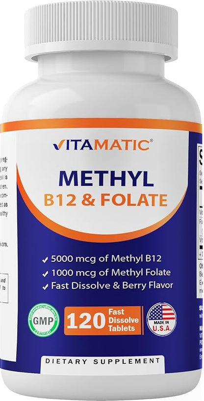 Vitamatic Methyl Folate & B12 Supplement with Pyridoxal 5 Phosphate (P-5-P) - Promotes Cardiovascular Health & Energy Metabolism - 120 Fast Dissolve Tablets - Non GMO & Gluten Free