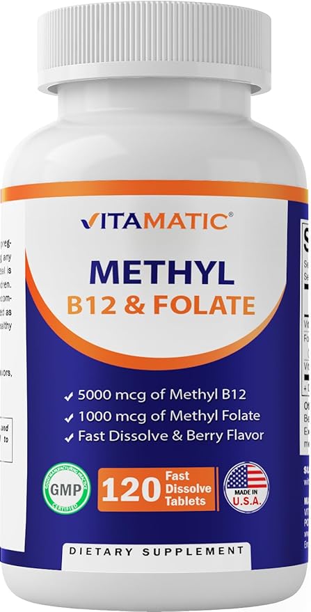 Vitamatic Methyl Folate & B12 Supplement with Pyridoxal 5 Phosphate (P-5-P) - Promotes Cardiovascular Health & Energy Metabolism - 120 Fast Dissolve Tablets - Non GMO & Gluten Free