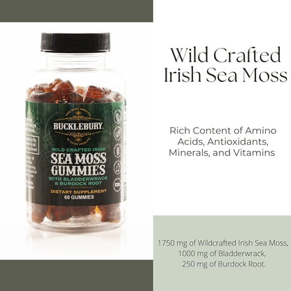Wild Crafted Irish Sea Moss Gummies with Bladderwrack & Burdock Root - Chewable Natural Multivitamin Vegan Gummies for Immune, Thyroid, Digestive, and Gut Support - 60 Gummies