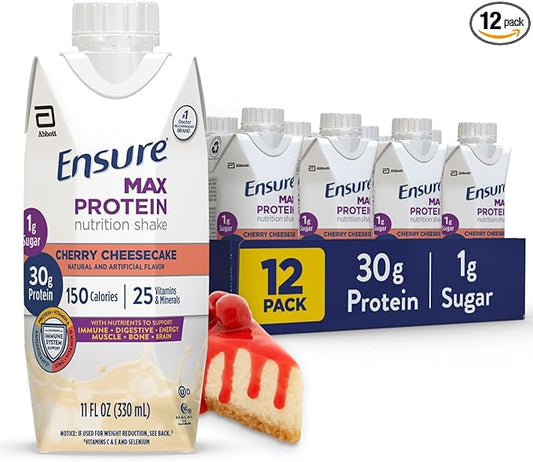Ensure Max Protein Nutrition Shake, with 30g of Protein, 1g of Sugar, High Protein Shake, Cherry Cheesecake, 11 fl oz, (Pack of 12)