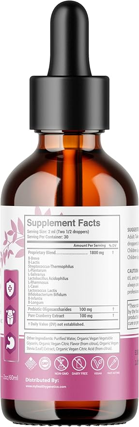 Liquid Probiotics for Women | Prebiotic + Cranberry + Probiotics for Digestive Health | Acidophilus Probiotic | Dairy Free | Vegan | Non-GMO | Gluten Free | 30 Servings