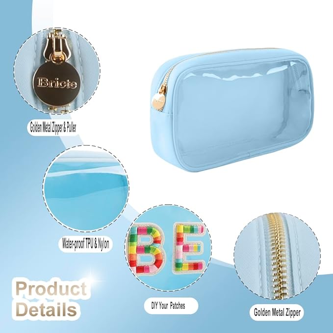 Travel Clear Slim Cosmetic Bag Preppy TPU and Nylon Makeup Bag for Women (Medium, IceBlue)
