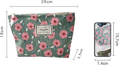 Flower Fabric Makeup Bag for Purse, Vintage Corduroy Cosmetic Pouch Bag, Portable Travel Handbag for Women Girls (Green with white flowers)