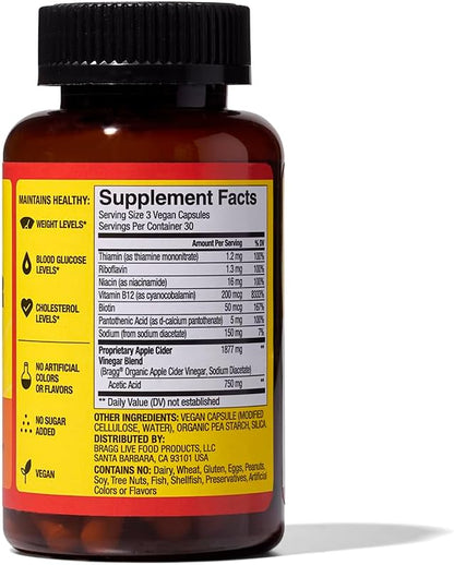 Bragg Energy Apple Cider Vinegar Capsules with B Vitamins - 90 Capsules - Helps Generate Energy at Cellular Level