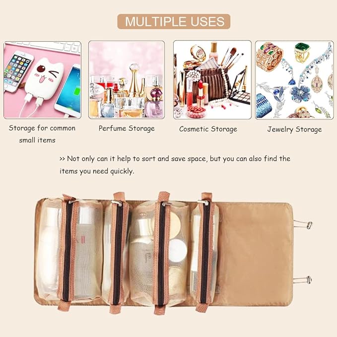 Roll Up Makeup Bag, Hanging Toiletry Bag, 4 in 1 Detachable Cosmetic Bag, 4 Removable Storage Bags, Travel Makeup Organizer Bags for Women Men(Khaki)