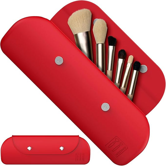 Travel Makeup Brush Holder，Silicone Makeup Brush Holder ，Portable Cosmetic Organiser with Two Upgraded Anti-fall Off Magnetic Clips ， foldable, large capacity-Red