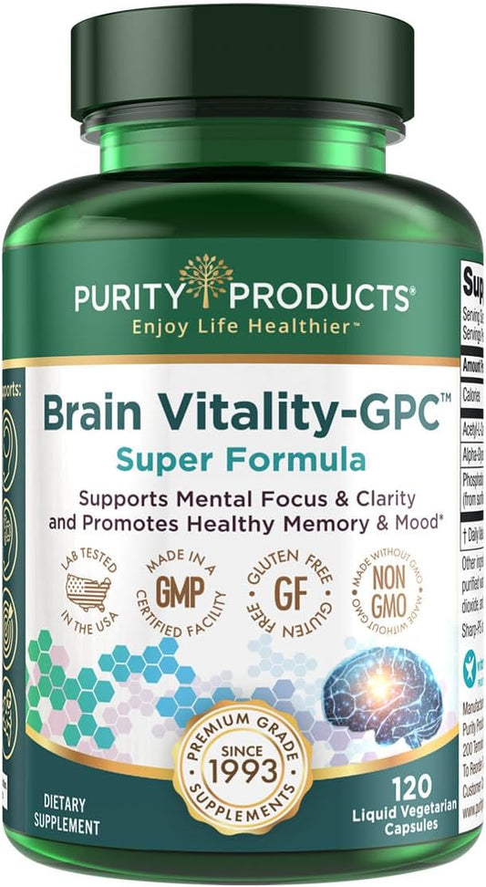 Purity Products Brain Vitality-GPC Super Formula Acetyl L-Carnitine HCI + Alpha GPC + Phosphatidlyserine - Supports Normal Concentration and Mental Clarity - 120 Caps