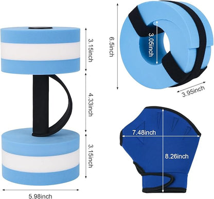NEAGLORY 6 Pieces Aquatic Exercise Set Water Aerobics Set Pool Fitness Equipment Foam Water Dumbbell, Swim Aquatic Cuffs, Swimming Gloves for Exercise, Blue