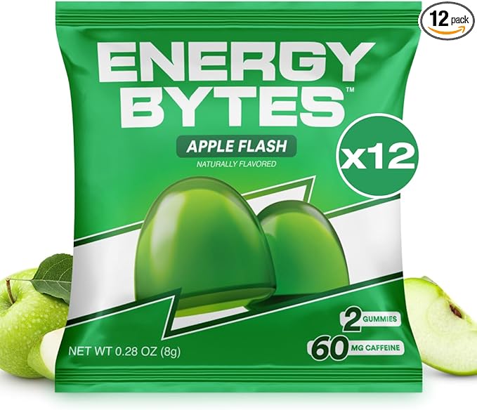Energy Bytes Caffeine Gummies | Instant Energy Chews for Running, Cycling and Sports Performance | Vegan, Low Sugar | Apple Flash (12-Pack)