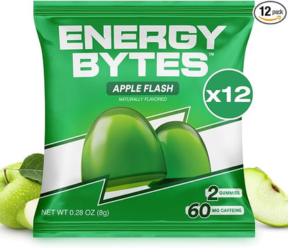 Energy Bytes Caffeine Gummies | Instant Energy Chews for Running, Cycling and Sports Performance | Vegan, Low Sugar | Apple Flash (12-Pack)