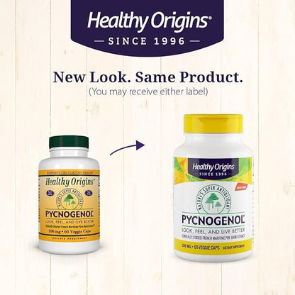 Healthy Origins Pycnogenol 100 mg - Premium Pine Bark Extract - French Maritime Pine Bark Extract for Heart Health, Skin Care & More - Gluten-Free & Non-GMO Supplement - 60 Veggie Caps