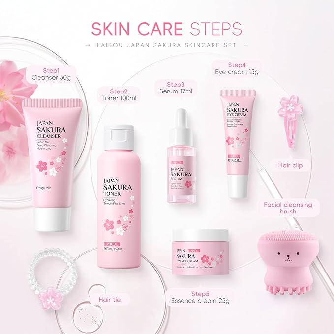 Sakura Skincare Set Facial Kit - Skin Care Gift Set for Girls/Women's, Facial Skin Care Sets & Kits with Beauty Gift Box, Japanese Skin Care Products Hydrating&Anti-Aging Skin - TSA-Friendly 8Pcs