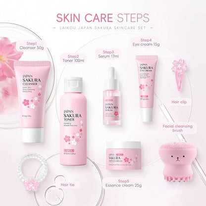 Sakura Skincare Set Facial Kit - Skin Care Gift Set for Girls/Women's, Facial Skin Care Sets & Kits with Beauty Gift Box, Japanese Skin Care Products Hydrating&Anti-Aging Skin - TSA-Friendly 8Pcs