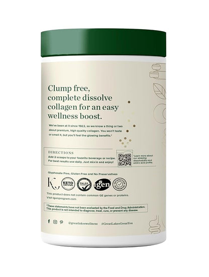 Great Lakes Wellness Collagen Peptides Powder for Skin, Hair, Nails, Joints & Digestion - Unflavored - Quick Dissolve Hydrolyzed, Non-GMO, Keto, Kosher - 16oz - Packaging May Vary
