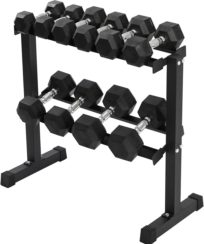 HolaHatha 10, 15, 20, 25, and 35 Pound Rubber Encased Hexagon Non Slip Dumbbell Weight Set with Rack for Various Strength Training Workouts, Black
