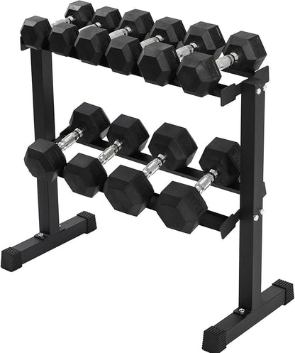 HolaHatha 10, 15, 20, 25, and 35 Pound Rubber Encased Hexagon Non Slip Dumbbell Weight Set with Rack for Various Strength Training Workouts, Black