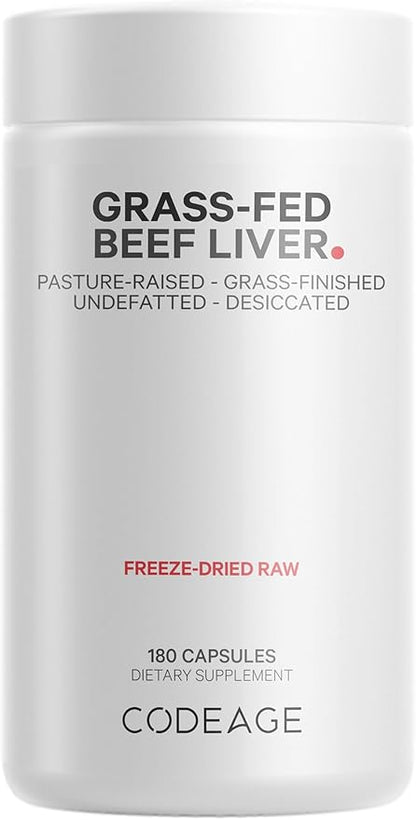 Codeage Grass Fed Beef Liver Supplement Superfood, Freeze Dried, Non-Defatted, Desiccated Beef Liver Glandulars Bovine Pills, Pasture Raised Beef Vitamins, Non-GMO Liver Meat, 180 Capsules