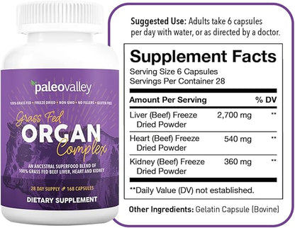 Paleovalley Grass Fed Beef Organ Complex - Freeze-Dried Beef Liver, Heart, and Kidney Blend, 1 Bottle