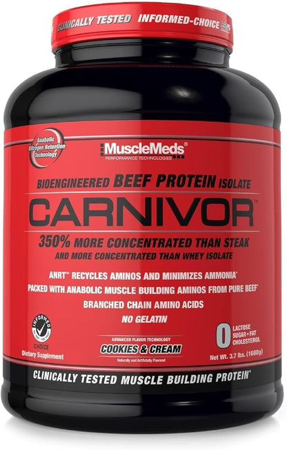 MuscleMeds Carnivor Beef Protein Isolate Powder, Cookies & Cream, 56 Servings, 1680 Gram, 59.2 Ounce, 3.7 Pound