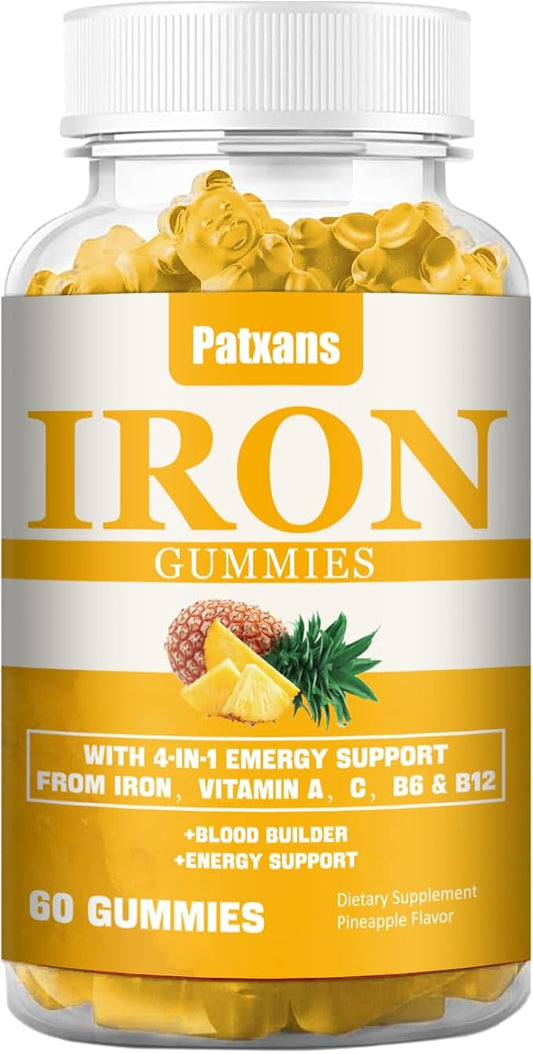 1 Pack 100MG Iron Supplement Gummies for Women & Men - with Vitamin A, C, B - Blood Builder ＆ Energy Support for Iron Deficiency, Anemia, Adults ＆ Children, Vegan, Pineapple Flavor Gummy, 60ct