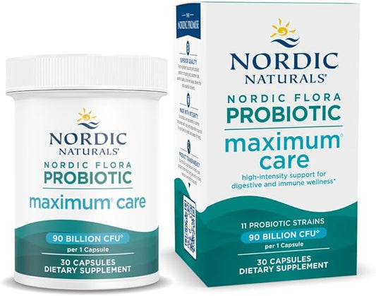 Nordic Naturals Nordic Flora Probiotic Maximum Care, 30 Capsules, 11 Probiotic Strains for Daily Immune and Digestive Health Support, Vegan, 30 Servings