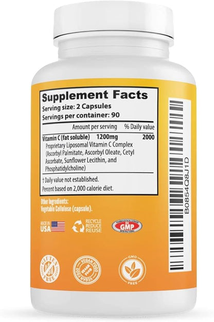 Liposomal Vitamin C Supplement Pills 1200 mg - High Absorption 180 Vegan Capsules Fat Soluble Vit C, Maximum Strength Immunity Support & Collagen Booster, Sunflower Lecithin , lypo spheric (2)