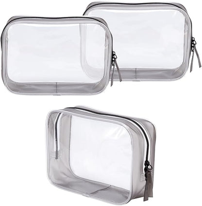 Clear Plastic Black Zippered Toiletry Carry Pouch TSA Approved Toiletry Bag Portable Cosmetic Makeup Bag for Vacation, Bathroom and Organizing (Black 3Pcs, Small)