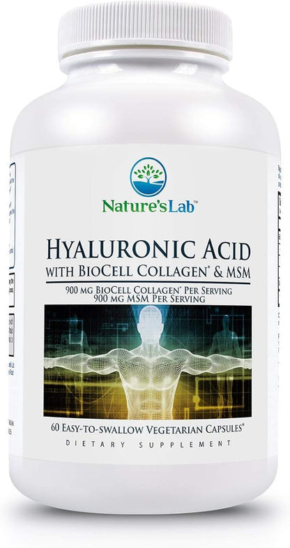 Nature's Lab Hyaluronic Acid with Biocell Collagen and MSM - Skin Hydration, Joint Health - 60 Capsules (20 Day Supply)
