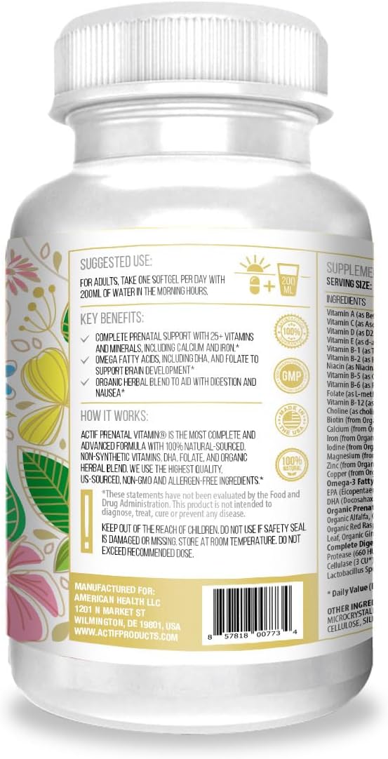 ACTIF Organic Prenatal Vitamin with 30+ Organic Vitamins, 100% Natural, DHA, EPA, Omega 3, and Organic Herbal Blend - Non-GMO, 90 Count