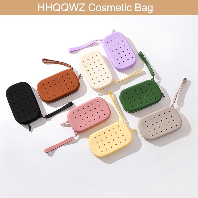 Portable Silicone Makeup Bag for Women, Small Travel Toiletry Cosmetic Bag with Decorative Holes, Zipper Closure Organizer Makeup Case with Handle (Brown)