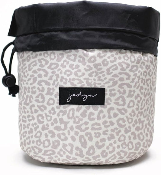 Jadyn Durable Cinch Top Makeup Organizer - Compact Travel Makeup Bag - 7 Interior Pockets for Cosmetics - Drawstring Toiletry Travel Bag for Women - 6L Storage Capacity - (Desert Leopard)
