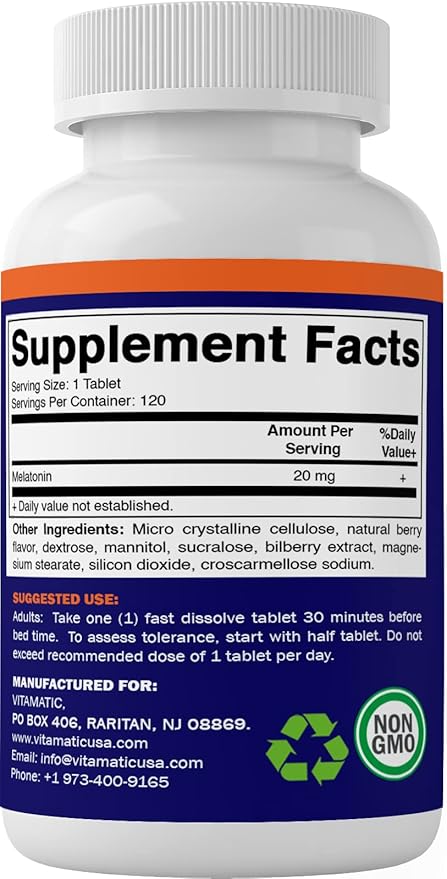 Vitamatic Melatonin 20mg Tablets | Vegetarian, Non-GMO, Gluten Free | HIGH Potency 20 MG | Natural Berry Flavor 120 Tablets