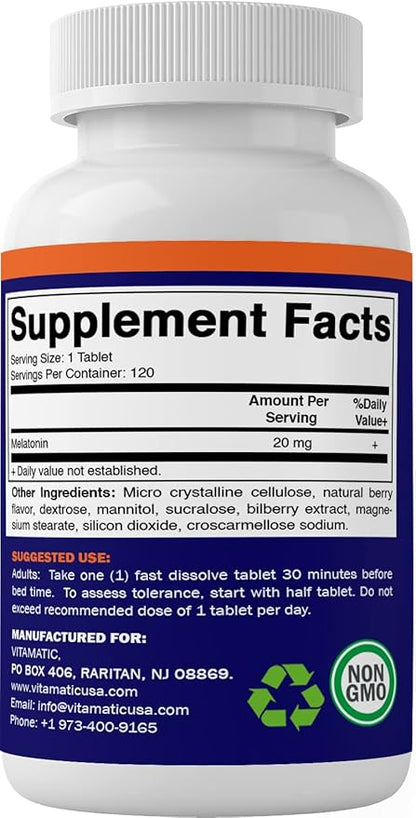 Vitamatic Melatonin 20mg Tablets | Vegetarian, Non-GMO, Gluten Free | HIGH Potency 20 MG | Natural Berry Flavor 120 Tablets