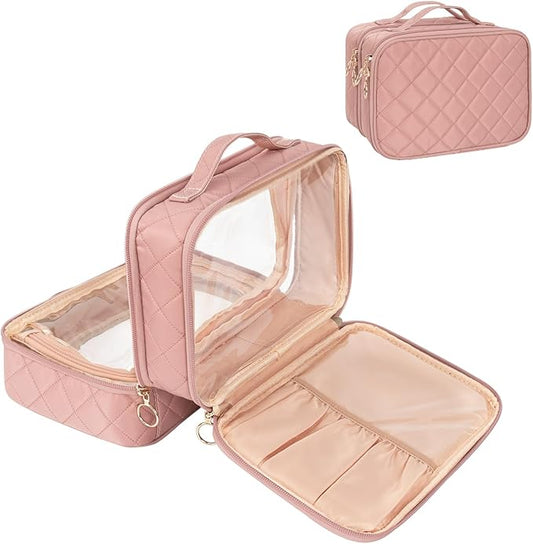 OCHEAL Makeup Bag, Double Layer Cosmetic Bag, Large Capacity New Look Clear Cosmetic Case for Women Travel Beauty Essentials, Multiple Compartments Makeup Case Organizer Zipper Pouch -Nude Pink