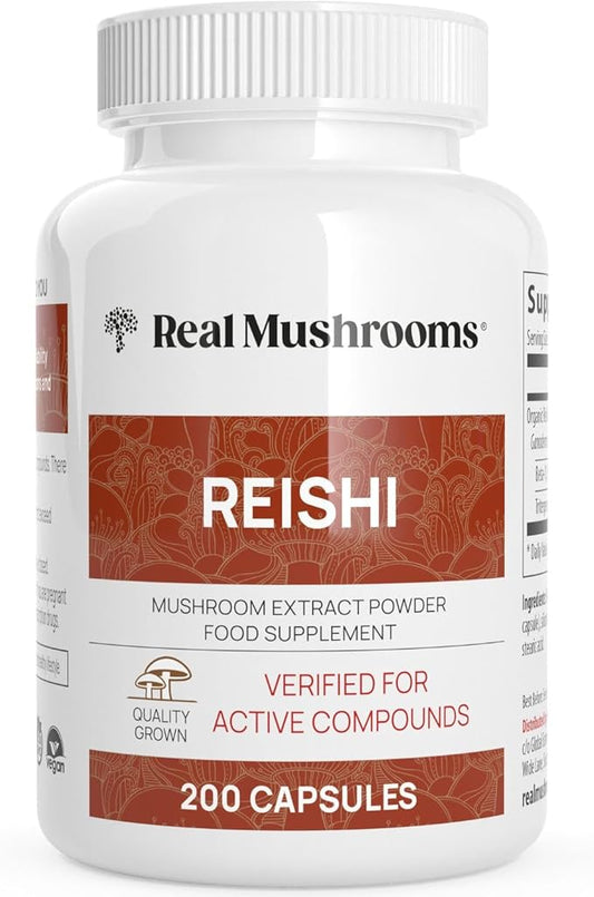 Real Mushrooms Reishi Capsules - Organic Mushroom Extract Supplement with Potent Red Reishi Mushroom for Longevity, Mood, Sleep, & Immune Support - Vegan Mushroom Supplement, Non-GMO, 200 Caps
