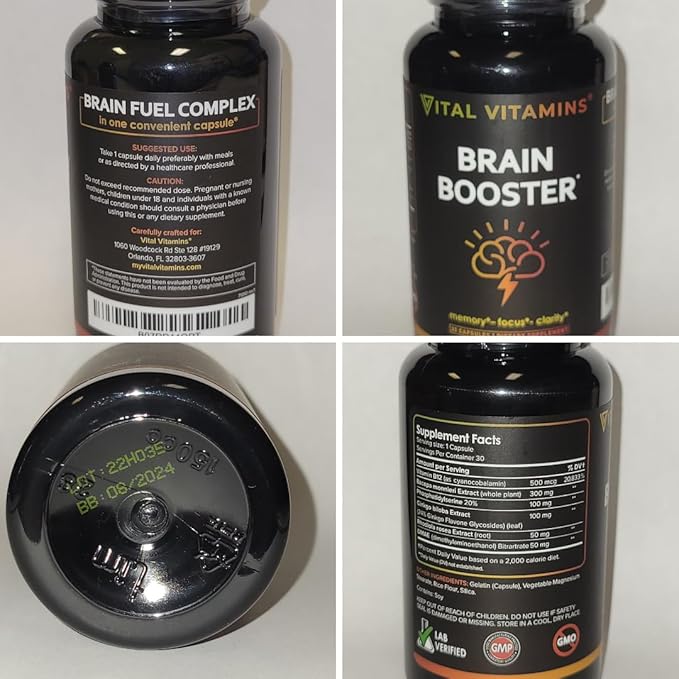 Vital Vitamins Brain Supplements for Memory and Focus (3 Pack) - Nootropic Brain Support - Memory, Clarity, Focus, Energy - Vitamin B12, Gingko Biloba, DMAE