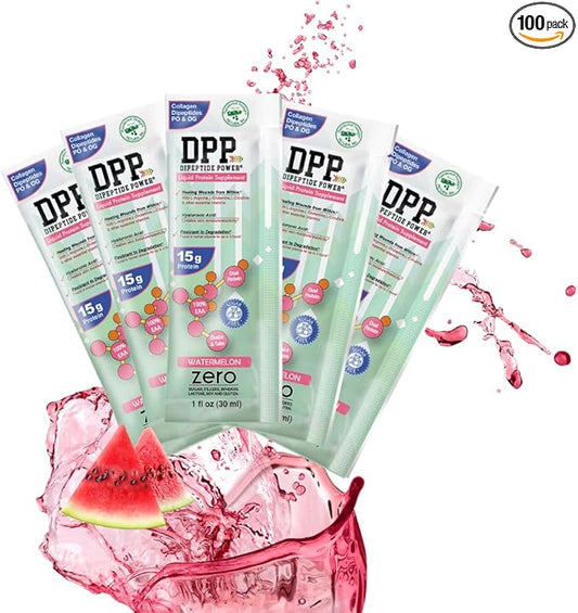 Nutritional Designs DPP Dipeptide Power Liquid Collagen & Whey Protein Supplement, Sugar-Free, Promotes Healthy Skin & Hair for Men & Women, Watermelon, Single Serve Packet, 1 oz (100 Packets)