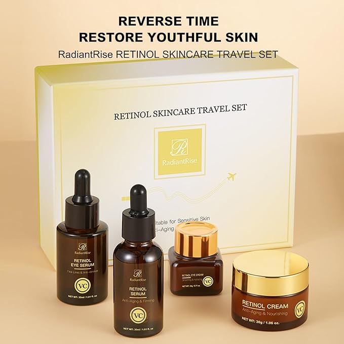 Retinol Skincare Travel Kit - Mini Facial Care Set,Travel Skincare Set with Essence, Cream & Eye Treatment | Hydrating Age-Defying Routine, Vacation-Ready Skincare Gifts